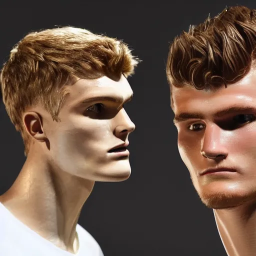 Image similar to a realistic detailed photo of a guy who is an attractive humanoid who is half robot and half humanoid, who is a male android, soccer players martin ødegaard & timo werner, shiny skin, posing like a statue, blank stare, in a factory, on display, showing off his muscles, gold soccer shorts, side view, looking at each other mindlessly