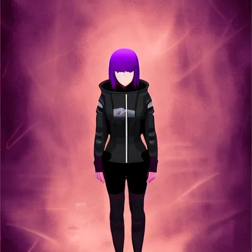 Image similar to poster artwork, sci fi, a female, full body, black hoodie techie, black hair with purple streaks, 8 k