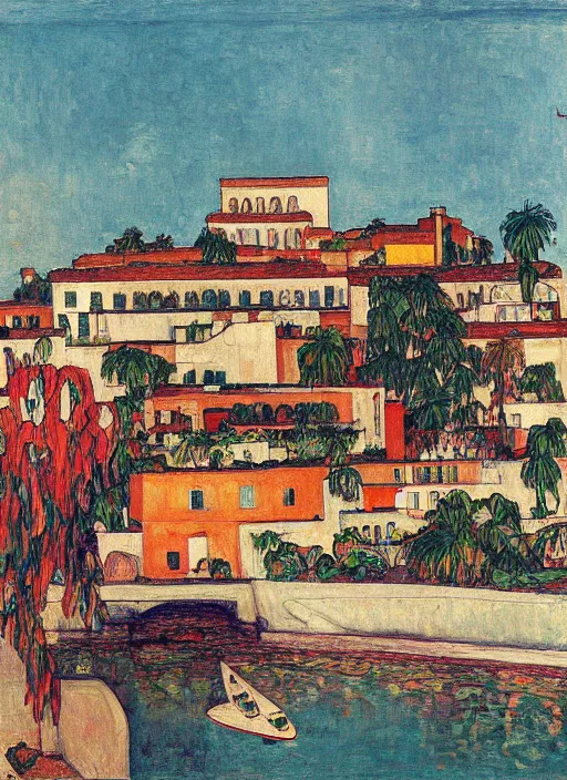 Image similar to bayonne bridge on local river, 3 boat in river, 2 number house near a lot of palm trees and bougainvillea, hot with shining sun, painting by egon schiele