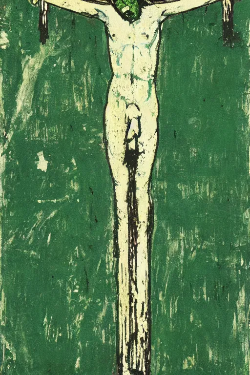 Prompt: green background with bloody christ crucified painted by cy twombly and andy warhol