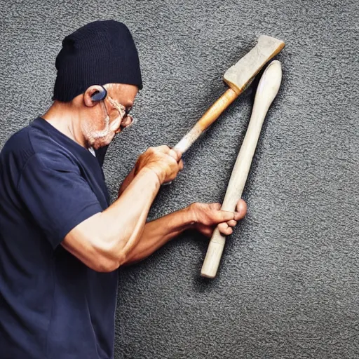 Image similar to a man is working with an old hammer, a stock photo by pogus caesar, trending on shutterstock, precisionism, stockphoto, stock photo, angular