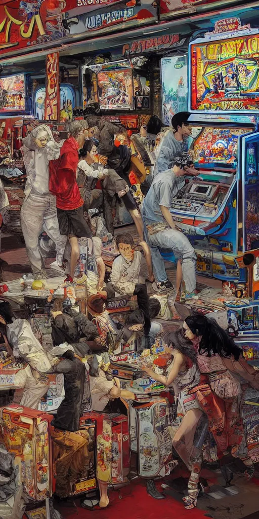 Image similar to oil painting scene from amusement arcade by kim jung gi