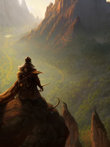 Prompt: over the shoulder of a powerful king looking to the very distant horizon full of montains and valleys. intricate, elegant, highly detailed, digital painting, artstation, concept art, sharp focus, illustration, by justin gerard and artgerm, 8 k