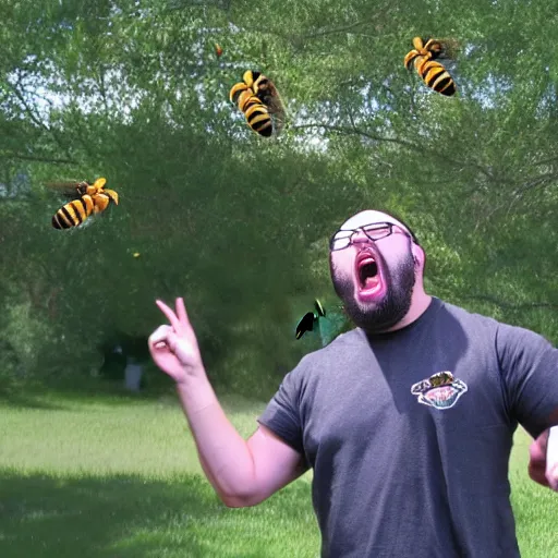 Prompt: HD photo of an angry WingsofRedemption screaming at bees