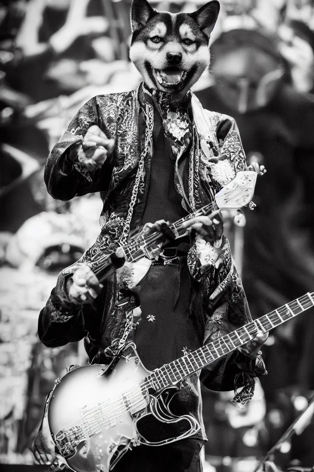 Image similar to a portrait of a shiba inu on stage with carlos santana, hyperrealistic, realistic, highly detailed, b & w, 4 k