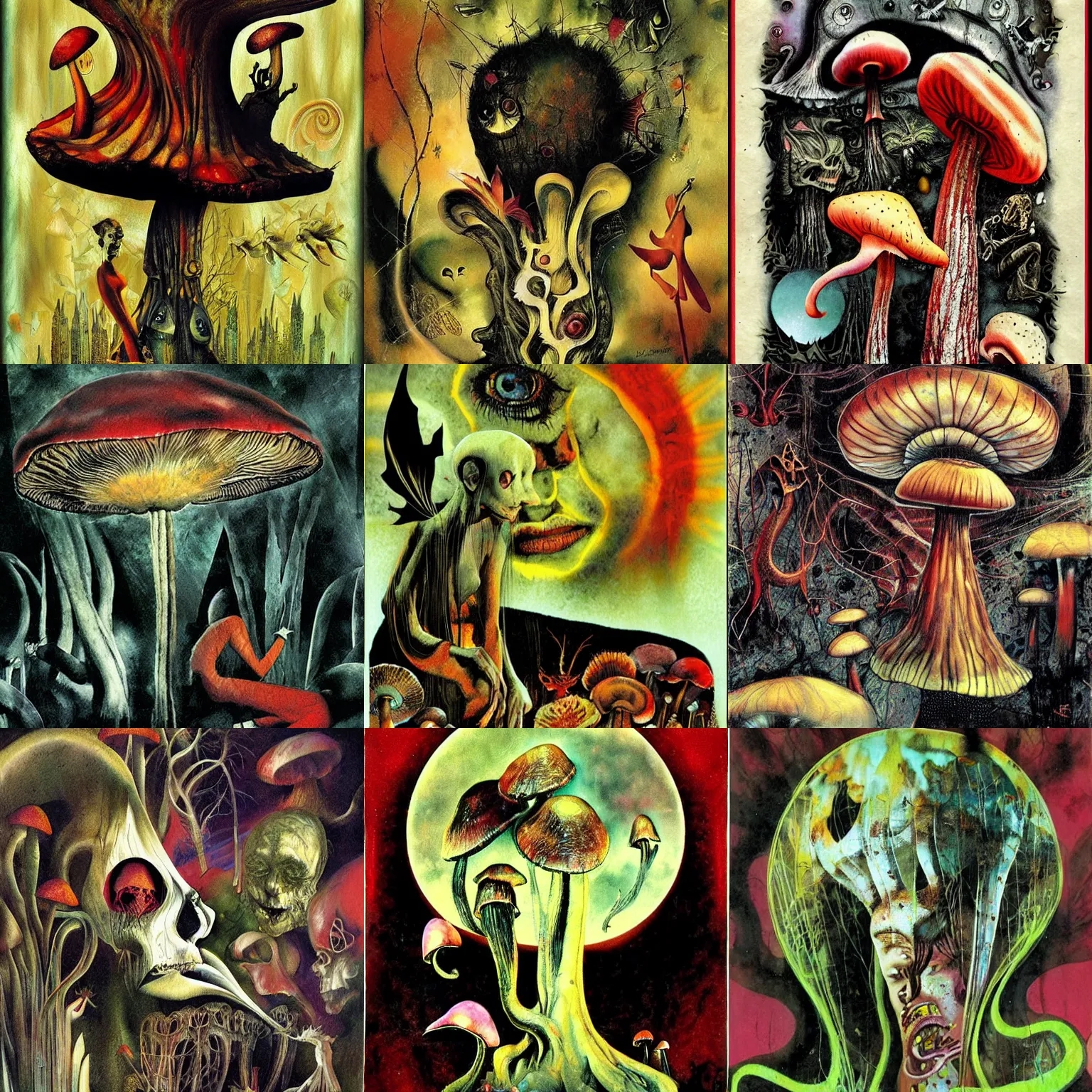 Prompt: psychedelic mushrooms dream, carabelas y diablitos, by dave mckean