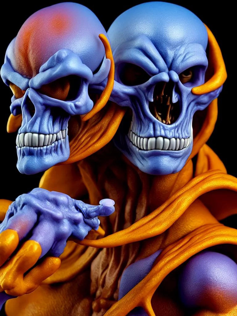 Prompt: hyperrealistic rendering, skeletor by art of skinner and richard corben and jeff easley, product photography, action figure, sofubi, studio lighting, colored gels