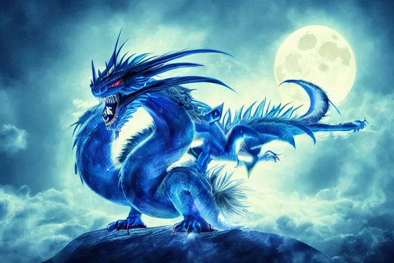 Image similar to an roaring blue and white dragon with colorful feather, digital art, moonlight, blue mist, blue smoke, close shot,
