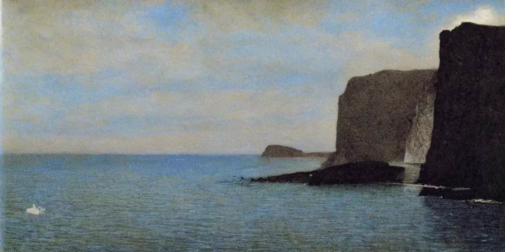 Image similar to black cliffs over water by Fernand Khnopff