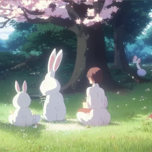 Image similar to A group of white bunny rabbits under the cherry tree, Makoto Shinkai