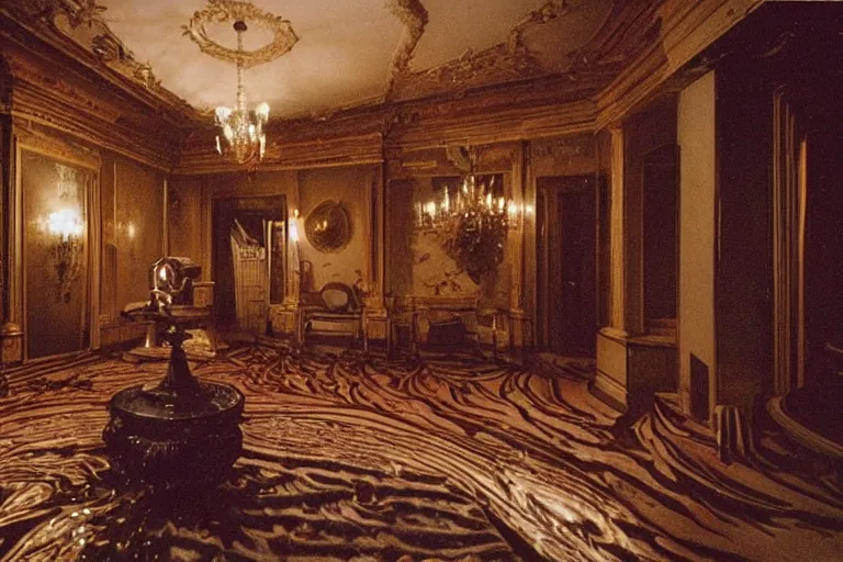 Prompt: full - color 1 9 9 0 s photo of the interior of a spooky elegant mansion at night. the interior architecture and layout are illogical, surreal, bizarre, complicated, and labyrinthine. there is a faintly - visible victorian ghost lurking. highly - detailed high - resolution photography.