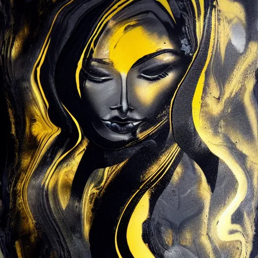 Image similar to liquid marble acrylic fluid paint, black ink, golden and black liquid materials, abstract art, beautiful female model full body portrait