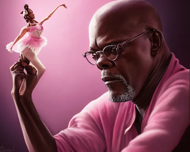 Image similar to photography of samuel l jackson in a pink ballerina outfit, deep focus, d & d and mtg, fantasy, intricate, elegant, highly detailed, digital painting, artstation, concept art, matte, sharp focus, illustration, hearthstone, art by artgerm and greg rutkowski and alphonse mucha