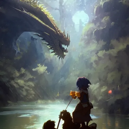 Image similar to a dwarf and a dragon drinking a beer | fantasy art | gapmoe kuudere moody lighting stunning bokeh highlights sharp contrast | trending pixiv fanbox | by greg rutkowski makoto shinkai takashi takeuchi studio ghibli