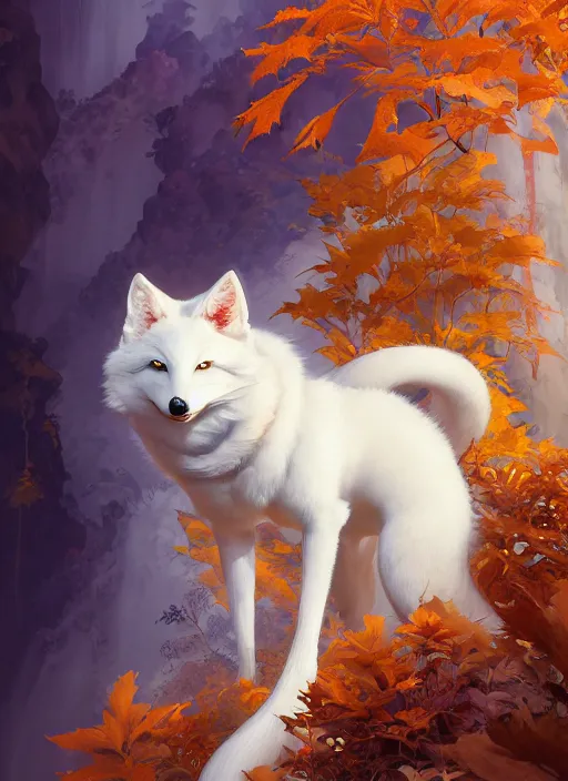 Image similar to white kitsune in autumn color kimono with art nouveau swirls, subsurface scattering, by jesper ejsing, justin gerard, tomasz alen kopera, cgsociety and fenghua zhong, highly detailed, rim light, cinematic lighting, illustration, art, octane render, very coherent, cinematic, hyper realism, high detail, octane render, 8 k