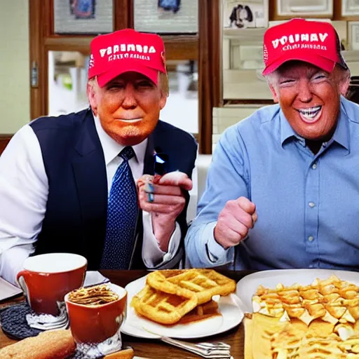 Image similar to photograph of trump and Biden sitting and eating breakfast at a Wafflehouse