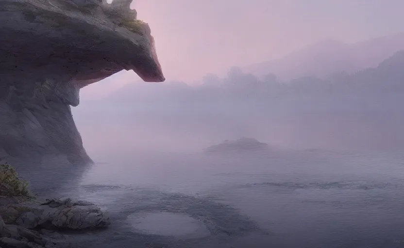 Prompt: a strange lake directed by charlie kaufman ( 2 0 0 1 ) anamorphic lenses, a rocky shore in the foreground, foggy volumetric light morning, a beam of light from the heavens, cinematic trending on artstation in the style of greg rutkowski