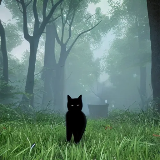 Image similar to of black cat walking in the woods in unreal engine style