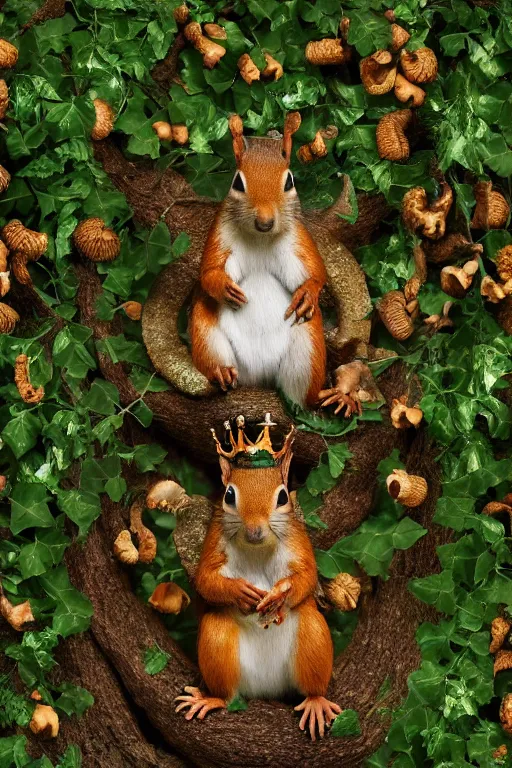 the squirrel king, extremely plump and sitting on his Stable