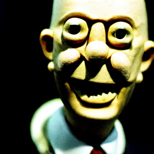 Image similar to claymation klaus schwab by jan svankmajer, hyperrealistic, very detailed, 3 5 mm film still, gothic, horror, eldritch