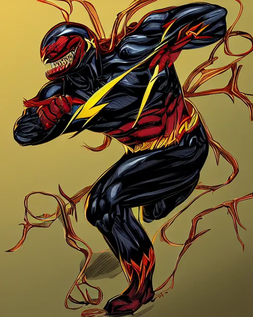 Image similar to venom as the flash, dynamic lighting, fantasy concept art, trending on art station, stunning visuals, creative, cinematic, ultra detailed, comic strip style