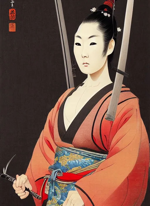 Image similar to a japanese oil painting of a beautiful samurai woman posing with a samurai sword with a diffuse pagoda in background, very aesthetic, detailed face, in the style of, greg rutkowski, boris vallejo, neal hanson, frank frazetta, goddess of war, epic fantasy character art, samurai armor, high fantasy, full length, exquisite detail low angle, masterpiece, cinematic