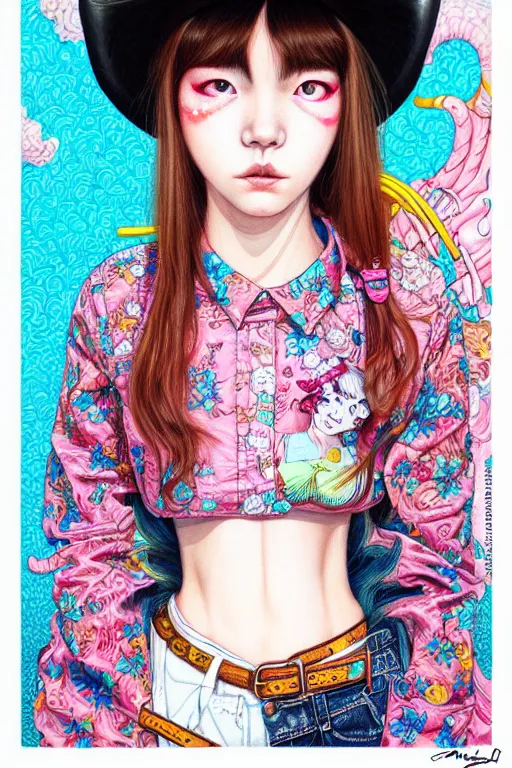 Image similar to girl wearing cowboy hat, style of yoshii chie and hikari shimoda and martine johanna, highly detailed