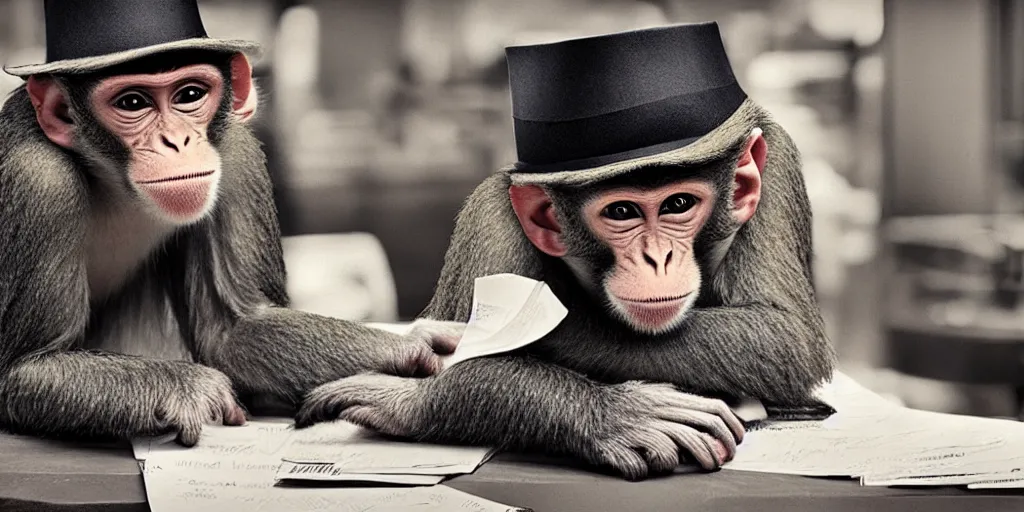 Prompt: monkey working at a bank, monkey clerk, monkey wearing nice hat, cinematic, realistic, high detail