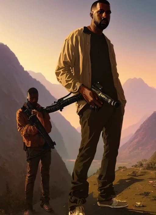 Image similar to highly detailed portrait kanye holding ak in gta v stephen bliss unreal engine fantasy art by greg rutkowski loish rhads ferdinand knab makoto shinkai lois van baarle ilya kuvshinov rossdraws tom bagshaw global illumination radiant light detailed intricate environment