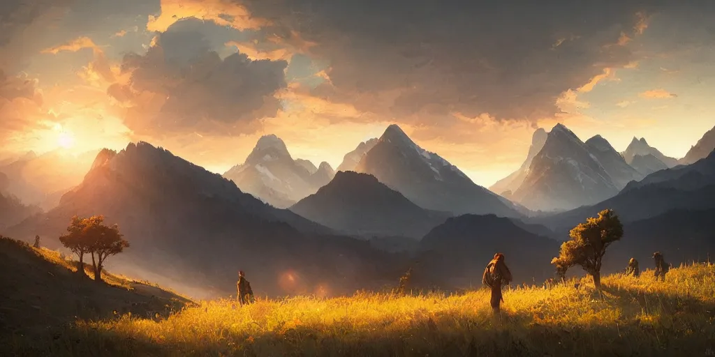 Image similar to everyday we drift further from reality, first light, mountains, meadow, wildflowers, clouds, dramatic lighting, sunrise, by greg rutkowski and jeffrey smith, trending on artstation