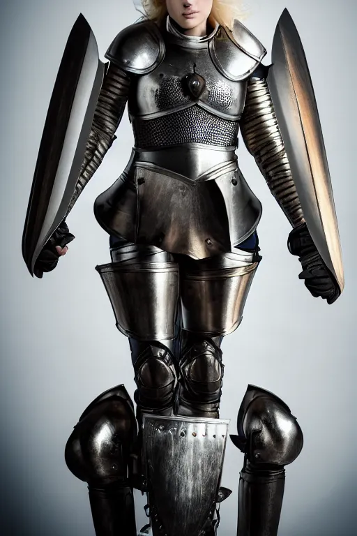 Image similar to medieval female knight, blonde hairs, no helmet, symmetrical, cinematic, elegant, demonic atmosphere, professional studio light, real dlsr photography, sharp focus, armor made by hans giger, 4 k, ultra hd, sense of awe