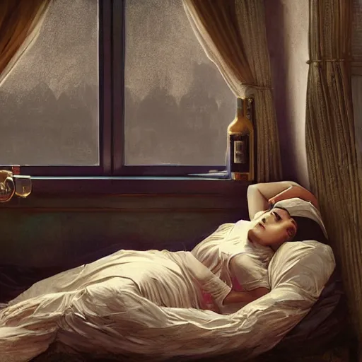 Image similar to young man in tinfoil hat and a girl sleeping in bed close to guinness bottles highly detailed, digital painting, artstation, concept art, smooth, sharp focus, illustration, art by artgerm and greg rutkowski and alphonse mucha