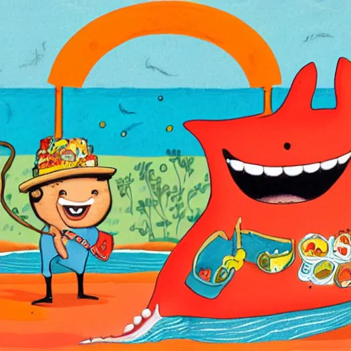 Image similar to an illustration of a happy whale man by richard scarry