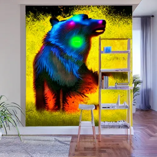 Image similar to neon art mural with portrait and a bear