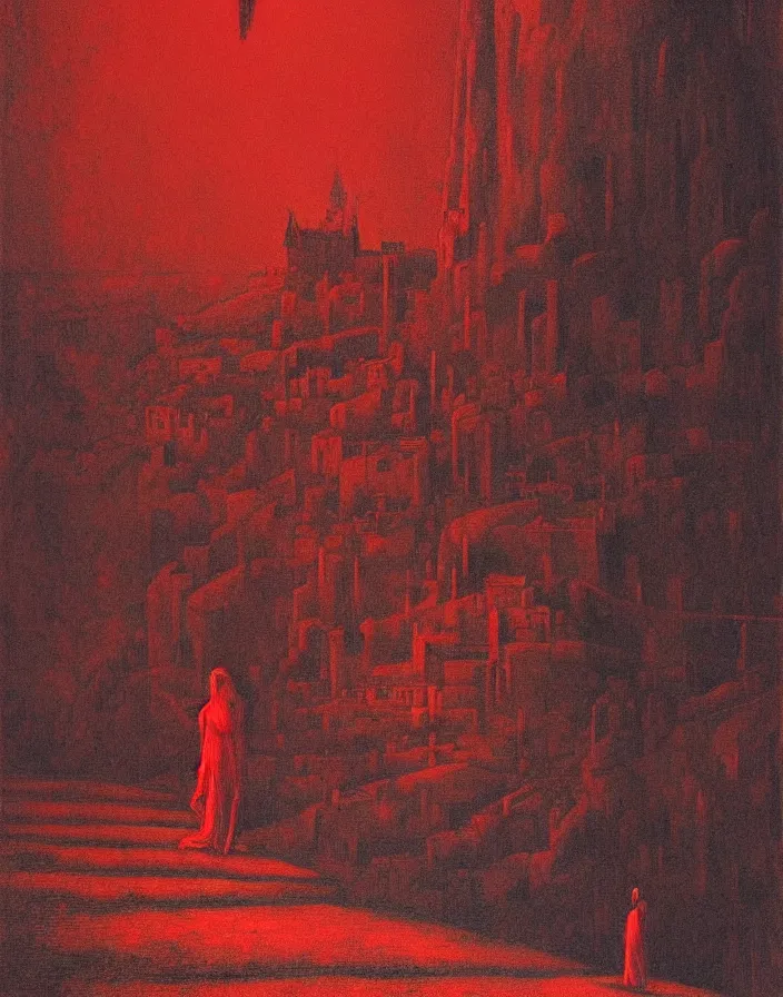 Prompt: only with red, red flowers, a red tiger, a castle in the background, medieval demons, an ancient path, in the style of beksinski, part by hopper, part by rodcenko, part by hofbauer, intricate composition, red by caravaggio, insanely quality, highly detailed, masterpiece, red light, artstation