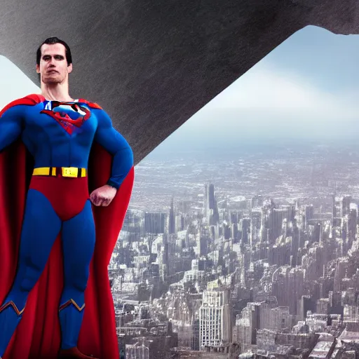 Prompt: Incredible cinematic realistic image of Henry Cavill dressing up the cape as Superman at top of empire state, trending on artstation, matte painting, hyper realistic, unreal engine render