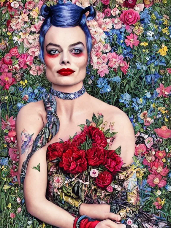 Image similar to a 60mm portrait of margot robbie harley quinn between embellished pattern and huge flower bushes,by Ekaterina Belinskaya,tom bagshaw,Cedric Peyravernay,Bella Kotak,marie spartali Stillman,Marianne North,William Morris,GUCCI,trending on pinterest,dark fantasy,maximalist,glittering,feminine