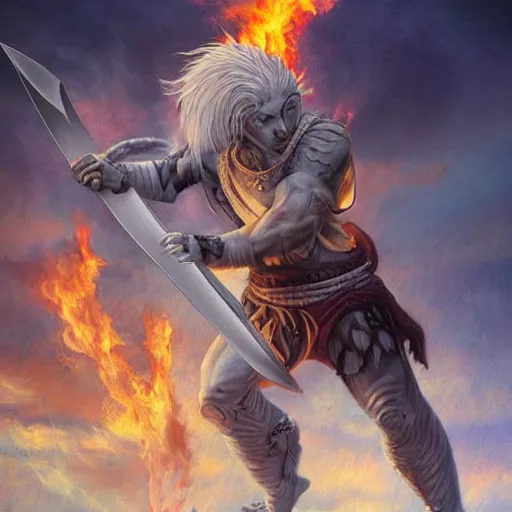 Prompt: Lionman with white hair walking away from a burning city, full body art, wielding a longsword with blue gemstones lining the blade, Painted By Anne Stokes, Dim Lighting