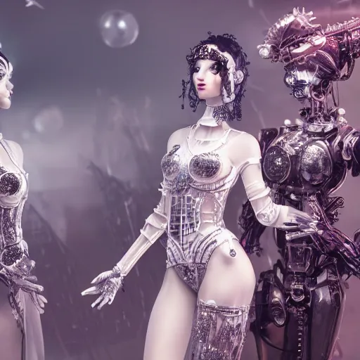 Prompt: female gothic robots with transparent head with mechanical brain, detailed crystal and decorated porcelain face, sensual pose, full body, dressed in white intricate lace and jewels, epic environment, matte painting, diffused lighting, highly detailed, cinematic, epic atmosphere, digital art, trending on artstation, wide angle
