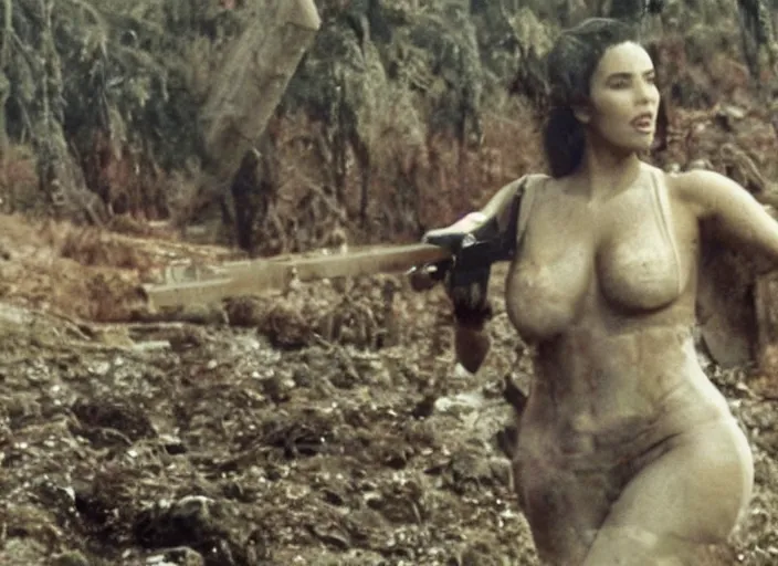 Image similar to a film still of kim kardashian as a soldier firing a rifle over a dirty trench with her bust lightly exposed. backround : warfield