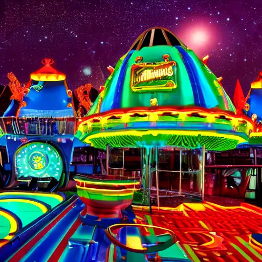 Image similar to photograph of an intergalactic amusement park