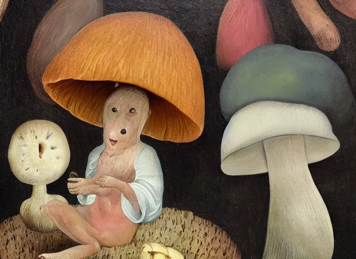 Image similar to a painting of a cute creature sitting next to a mushroom, detailed, realistic, in style of hieronymus bosch