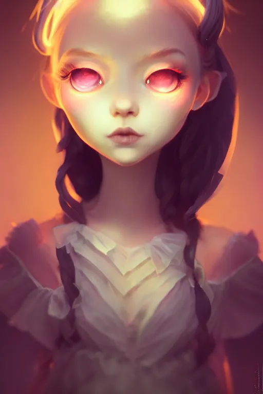 Image similar to super cute Bioluminescent gothic lolita character concept, soft light, soft mood, realistic body features and face, illustration, painting oil on canvas by Elena Zhurikhina and Goro Fujita and Charlie Bowater, octane render trending on artstation, 4k, 8k, HD