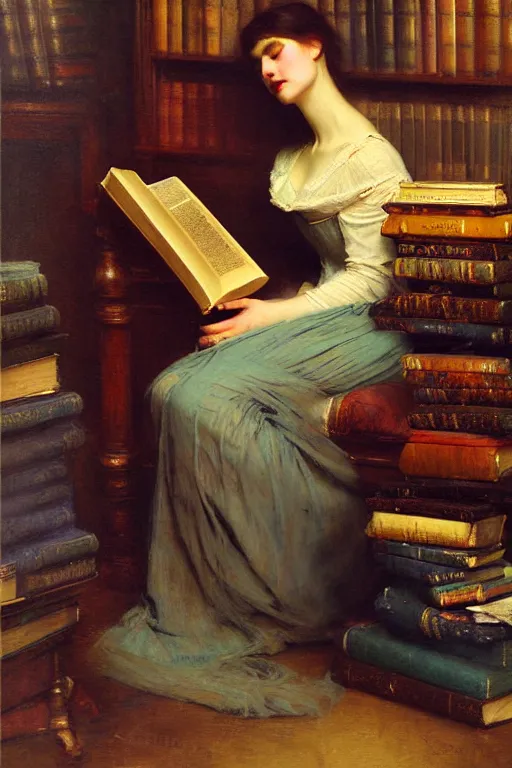 Image similar to soft colorsphotograph imax and solomon joseph solomon and richard schmid and jeremy lipking victorian loose genre loose painting full stack of books, bookish, book lover, bookshop