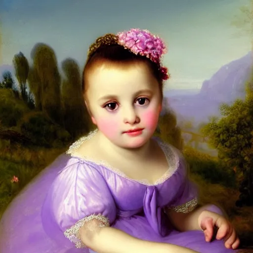 Image similar to portrait of a german toddler princess sitting down in a silk lavender gown, circa 1 8 3 7, by carl joseph begas, highly detailed, beautiful, oil on canvas, 1 8 3 0 s, romanticism