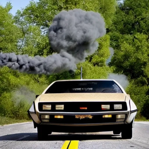 Image similar to knightrider pontiac firebird chasing the back to the future delorean, cinematic, delorean leaves fire trails behind