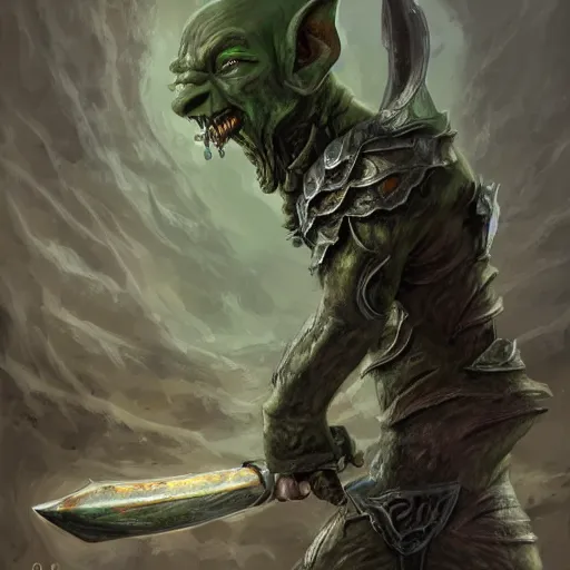 Image similar to Bald goblin with two heads and green eyes wielding a greatsword inside a decaying ancient fantasy temple. He wears a rusty silver armor, trending on artstation, dark fantasy, concept art