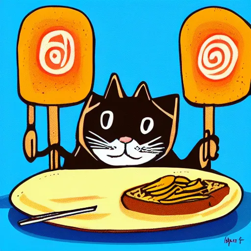 Image similar to fat cat eating noodles on toast, digital art