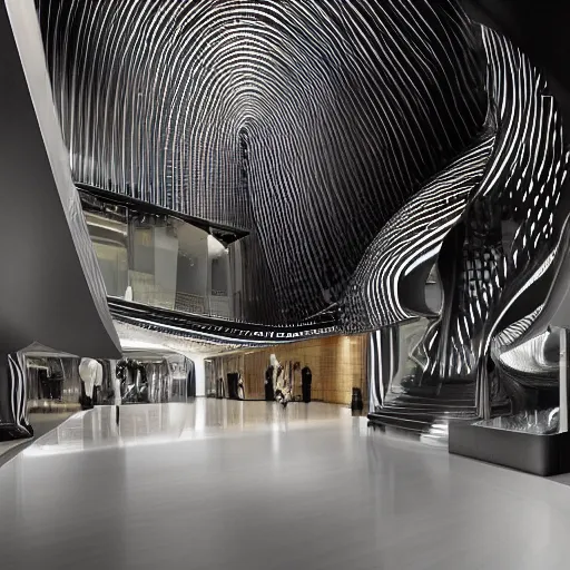 Image similar to extremely detailed ornate stunning beautiful elegant futuristic museum lobby interior by Zaha Hadid