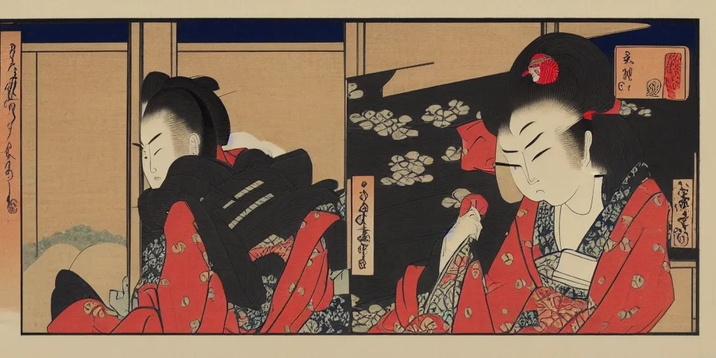 Image similar to ukiyo - e woodblock print of a geisha and a samurai inside a bedroom, by hokusai